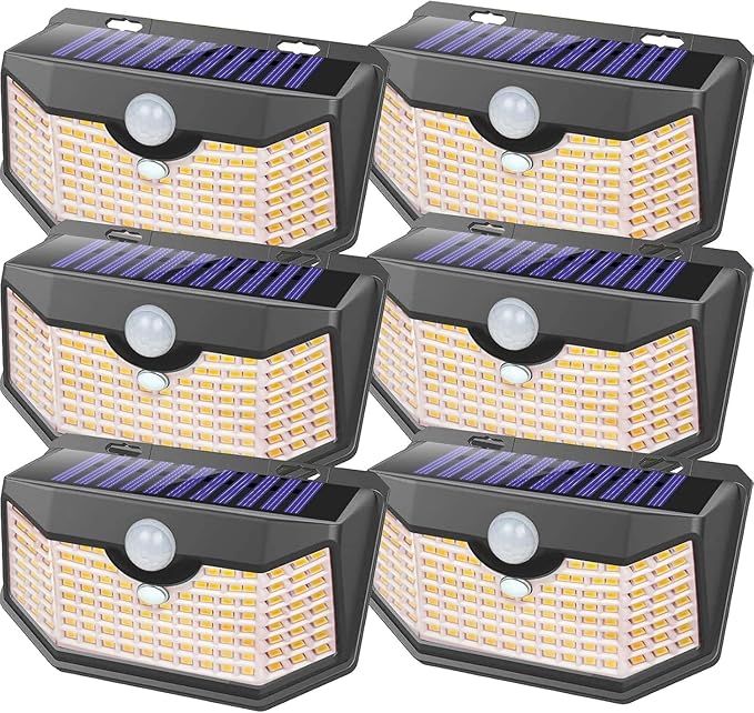 HMCITY 120 LED Outdoor Solar Lights- with Motion Sensor and 3 Lighting Modes, IP65 Waterproof Wide Solar Wall Lights Ideal for Garden Patio Yard (Front Button 6Packs, Warm White)