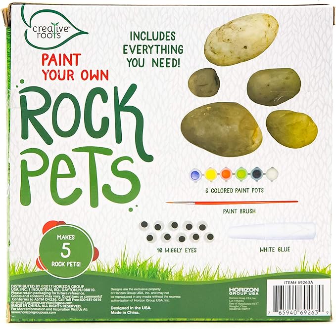 Creative Roots Paint Your Own Rock Pets by Horizon Group USA, 6 Colors, Paint Brush, Wiggly Eyes and Glue Included, Multicolor