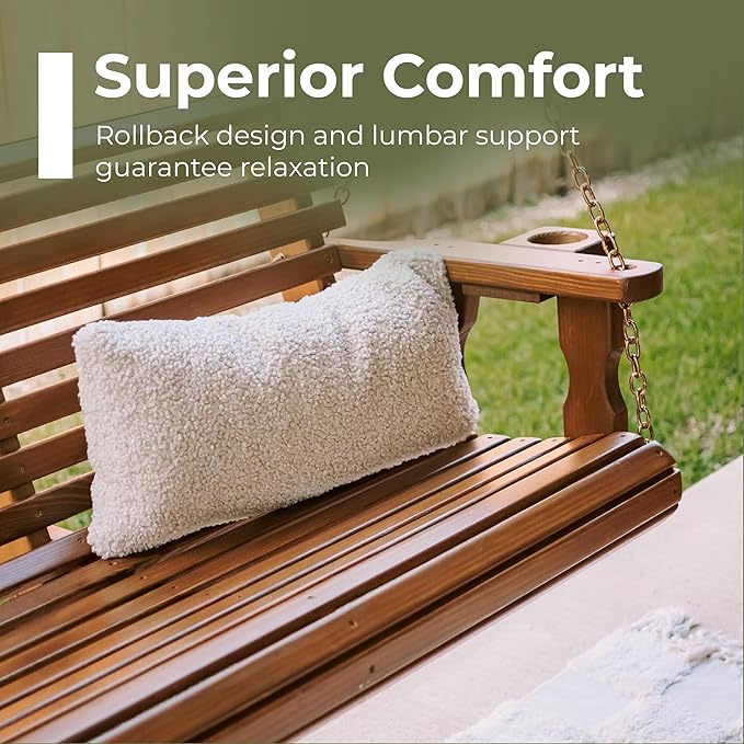 Amish Casual 6 Foot Roll Back Porch Swing with Cup Holders in Semi-Solid White Stain - Amish Made in The USA from Treated Pine Heavy Duty 700 Lb. Weight Capacity