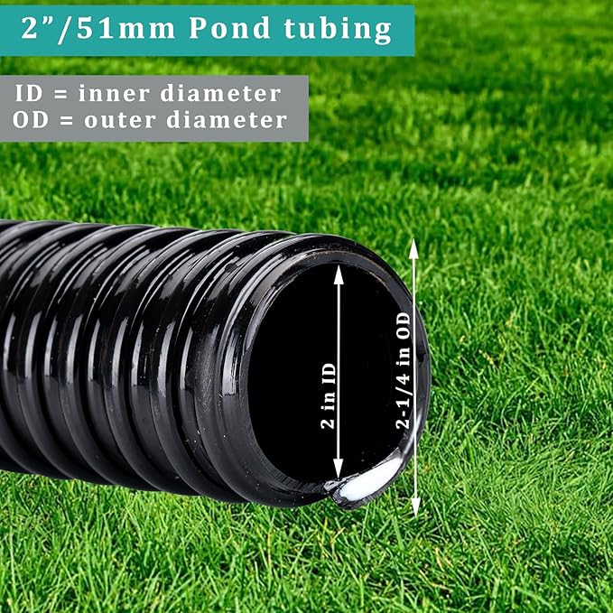 Pond Tubing ID 2” × 10ft Black Corrugated Flexible Reinforced Waterfall Pond Tube Sump Pump Hose, Non-toxic & Kinkproof (10 ft, 2" ID)