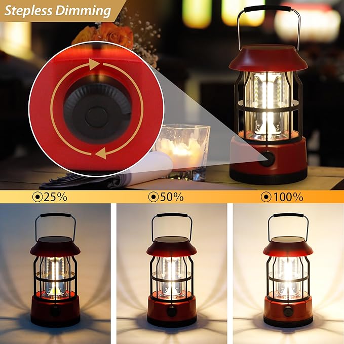 TRIROCKS Set of 2 LED Solar Camping Lantern Dimmable Rechargeable Lantern IPX3 Water-Resistant Portable Emergency Lights Outdoor Camping Lights for Camping Home Power Outage Hurricane Hiking (Red)