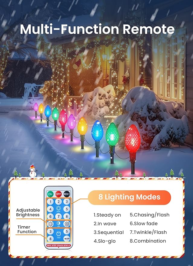 Minetom 2 Pack Solar Double C9 Strawberry Pathway Lights Outdoor - Total 32FT 20 LED C9 Christmas Lights Outdoor with Timer, 8 Modes, Solar Christmas Outside Decorations for Lawn, Multicolor
