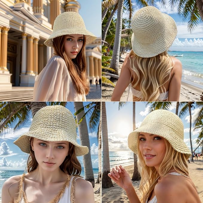 Womens Straw Beach Sun Hats, Foldable Packable Floppy Handmade Crochet Hats for Women,Large Summer Vacation Wide Brim Hat