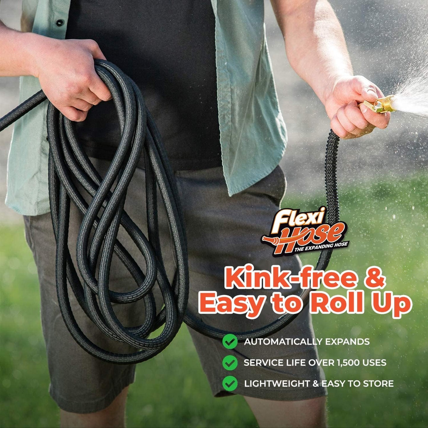Flexi Hose Lightweight Expandable Garden Hose, No-Kink Flexibility, 3/4 Inch Solid Brass Fittings and Double Latex Core (75 FT, Black)
