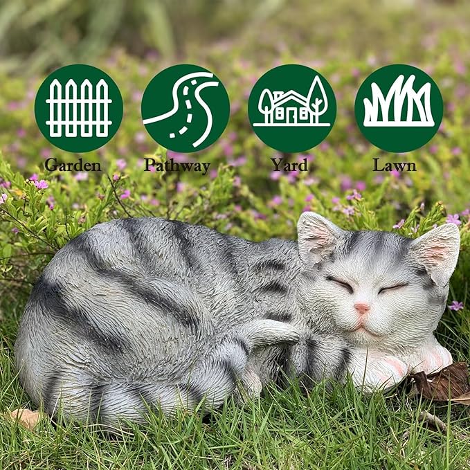 Sleeping Cat Statue Garden Decor, Outdoor Cat Sculpture & Figurine Lawn Ornament, Grey Tabby Statue for Patio, Lawn, Yard Decorative, Cute Kitten Memorial Grave Accessory
