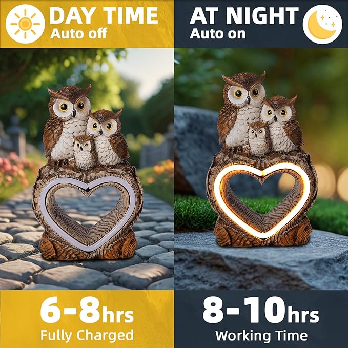 Solar Garden Decor Statues 8.6" Resin Solar Owl Waterproof Garden Owl Decor for Outside Yard Patio Porch Decoration Gift for Mom Grandma
