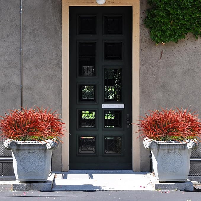 Uieke 28 Bundles Artificial Outdoor Plants UV Resistant Fake Grass Plants Faux Plastic Plants Greenery Shrubs for Home Garden Pathway Window Box Front Porch Cemetery Fall Decor, Autumn Red