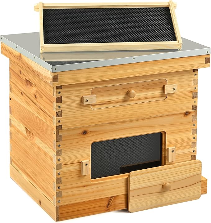 CREWORKS 10 Frame Bee Hive, 2 Layers Beeswax Coated Beehive Starter Kit with Frames & Foundations, Langstroth Bees Hives Box with Transparent Acrylic (Window Medium Box & Deep Box)