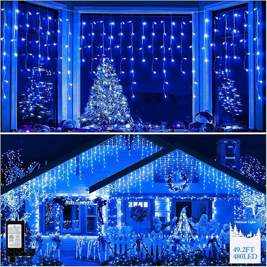 480 LED 49FT Christmas Lights Plug in 8 Modes with Timer Dimmable Christmas Decorations Outdoor Waterproof Indoor Curtain String Lights for Roof Porch Garden Holiday Wedding Party Decor Blue