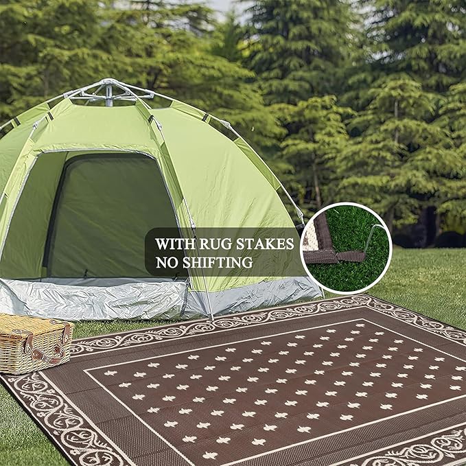Pauwer Waterproof Outdoor Rug 8x10, Reversible Plastic Straw Patio Camping Rug, Indoor Outdoor RV Mat Carpet for Deck, Camper, Porch, Balcony, Backyard, Picnic, Bordered Brown