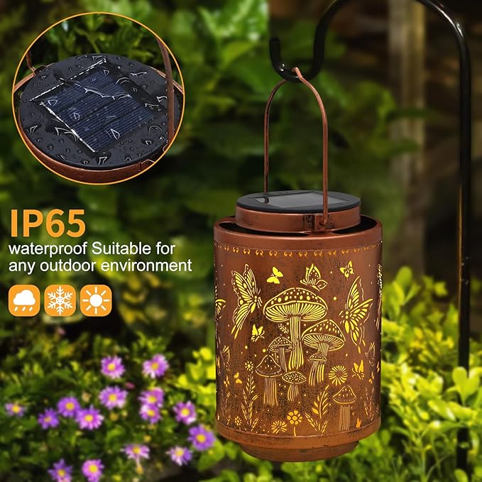 Solar Lanterns Outdoor Waterproof Mushroom Butterfly Garden Decor Gifts for Women Mon Grandma Metal Hanging Solar Lights Decoration for Outside LED Lanterns for Yard Patio Lawn Pathway Landscape