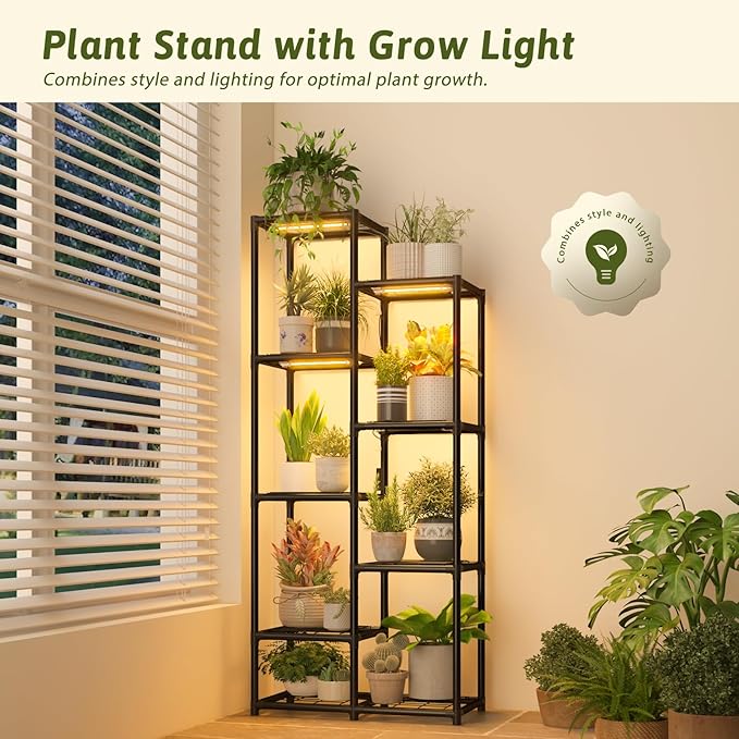 Plant Stand Indoor with Grow Lights Tall Plant Shelf Outdoor Plant Rack Metal Plant Holder Waterproof Black for Multiple Plants Table Flower Pot for Living Room Patio Balcony Garden