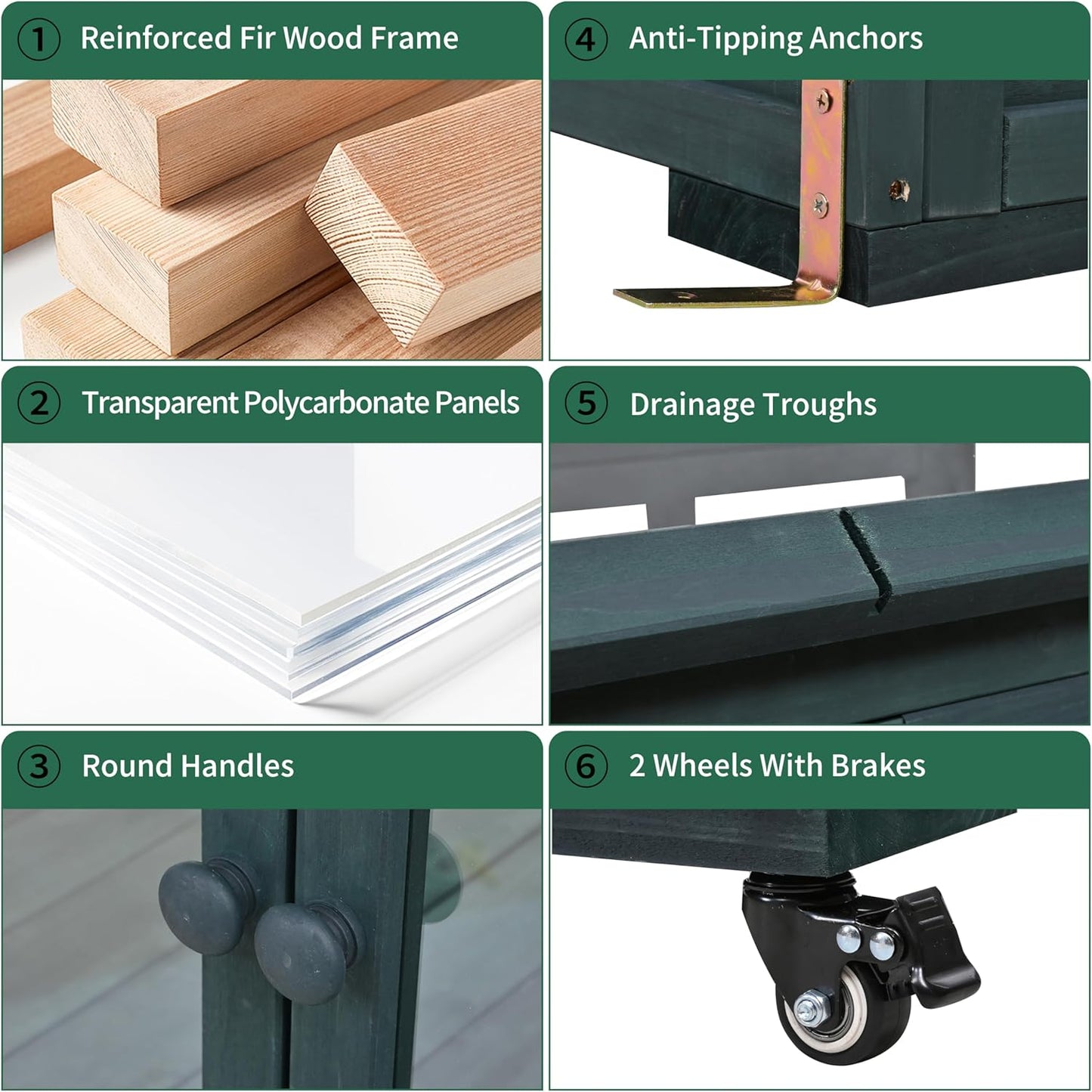 Portable Wooden Cold Frame Greenhouse with Wheels - 47" Mini Greenhouse with Adjustable Roof, Storage Box & Polycarbonate Panels - Plant Protector for Seedlings, Herbs & Winter Gardening (Green)