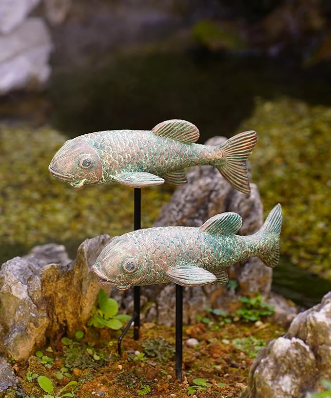 Outdoor Koi Fish Statues 2Pack: Garden Sculpture Ornaments Pond Decor for Yard Lawn Patio Porch Outside Decorative Gifts for Grandma Women Mom