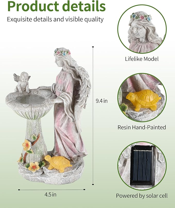 iStatue Solar Angel with Mushroom Bird Bath Statue - 9.5'' Garden Decor for Outside Clearance, Color-Changing Lights Lawn Ornaments Baby Turtle Figurine for Yard Patio, Balcony Gifts (Angel)