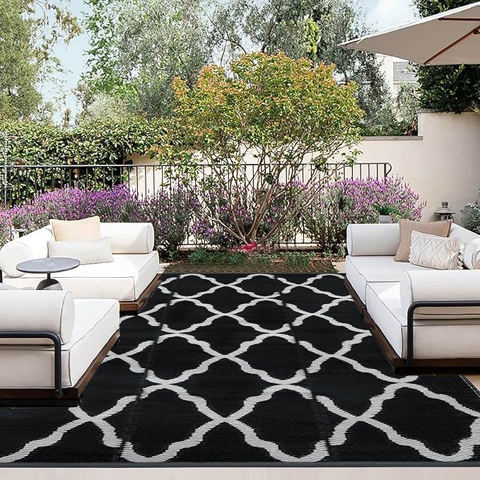 OutdoorLines Outdoor Plastic Area Rugs for Patio 4x6 ft - Reversible Outside Carpet, Stain & UV Resistant RV Mats, Straw Rug for Camping, Deck Garden, Porch and Balcony, Moroccan Black & Light Grey
