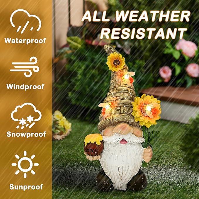 Uniboho Garden Gnome Statue Outdoor Garden Decor Large Resin Sunflower Gnome Holding Honey Jar with Solar Bee Lights for Garden Yard Decorations Patio Lawn Outside Porch Lawn Decor Gnomes Gifts 12"