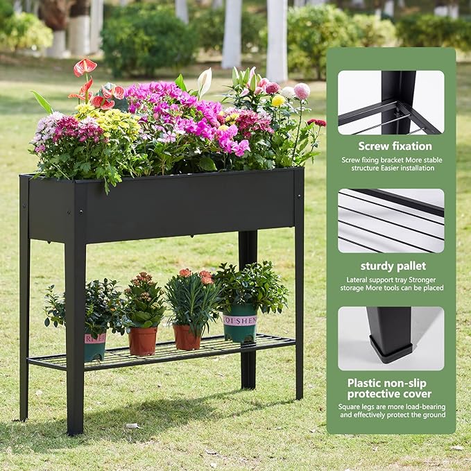 Raised Garden Bed, Elevated Planter Black Metal Plant Box with Legs Standing Garden Stand Drainage Holes Black (Black 40" L x 11" W x 31" H)