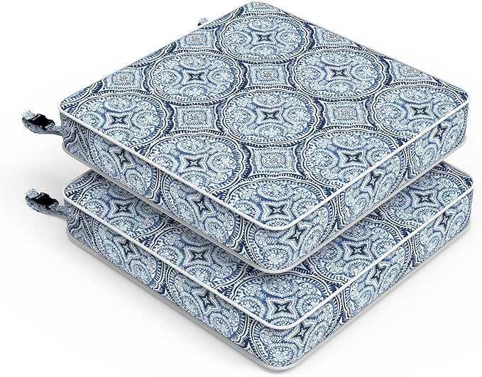 LVTXIII Patio Chair Cushions 22"x22"x3", Water-Repellent Outdoor Seat Cushions for Patio Furniture, Square Chair Pads with Ties for Home Garden Decoration, Set of 2, Medallion Blue