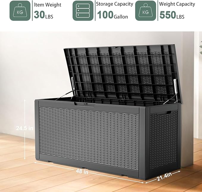 DRATO 100 Gallon Large Deck Box, Outdoor Storage Box for Patio Furniture, Patio Cushions, Gardening Tools, Pool Supplies,660lbs Weight Capacity,Waterproof Resin Storage Boxes