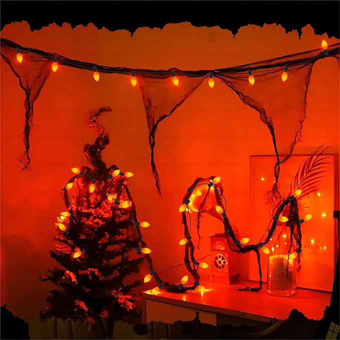 C7 LED Orange Halloween Lights, 25Ft Outdoor Halloween Decorations String Lights Waterproof with 27 Orange LED Bulbs, Vintage Christmas Lights for Halloween Outdoor Indoor Patio Home Party Garden Yard