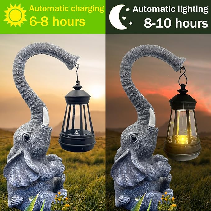 10.6 Inch Statue Elephant with Solar Outdoor Lights for Garden Decor，Lucky Present with Appeal for Birthdays(Man and Women and Family)，Unique Housewarming Presents and Yard Decor. (Gray)