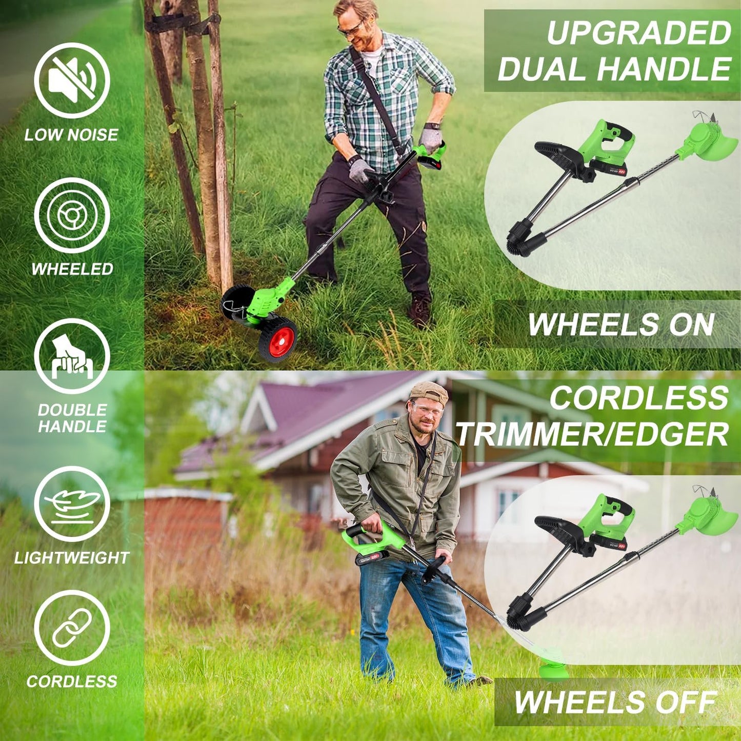 Electric Weed Wacker Cordless Eater 2 Battery,Foldable and Lightweight Grass Trimmer/Brush Cutter,5 Types Blade&Wheels 21V 4.0Ah Battery (2 Pieces) Powered for Garden and Yard (Foldable)