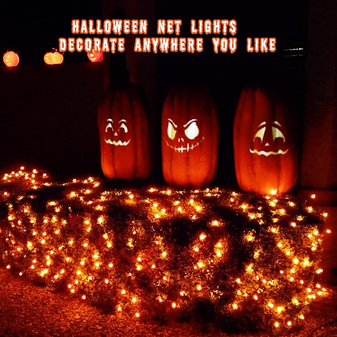 Orange Net Lights Outdoor Waterproof - 360 LED With Remote, 12x5 ft Extendable 8 Modes Christmas Lights for Thanksgiving Bushes Gazebo Lawn Garden Shrubs Tree Backyard