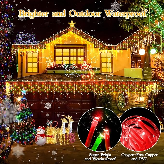 960 LED 98FT Christmas Lights Plug in 8 Modes with Timer Dimmable Christmas Decorations Outdoor Waterproof Indoor Curtain String Lights for Roof Garden Holiday Wedding Party Decor Red + Green