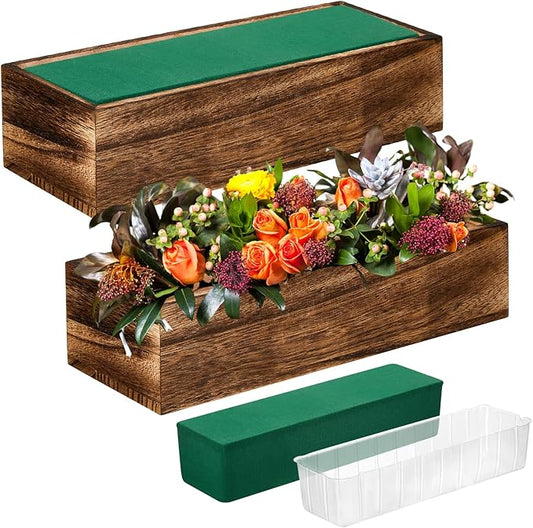 Dandat 2 Set Wood Boxes for Centerpieces Rectangle Wooden Planter Box Rustic Wood Planter with Removable Plastic Liner Floral Foam Blocks for Centerpieces Home Wedding Garden Decor (12x4 Inch)
