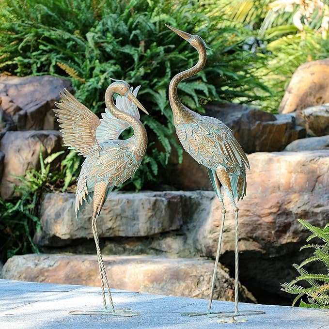 TERESA'S COLLECTIONS Yard Decorations Outdoor Garden Statues, Gold Metal Crane Yard Art, 33-39inch Lawn Ornaments for Backyard, Outside Porch, Patio, Wedding Decor,Set of 2,Spring Decor,Gifts for Mom