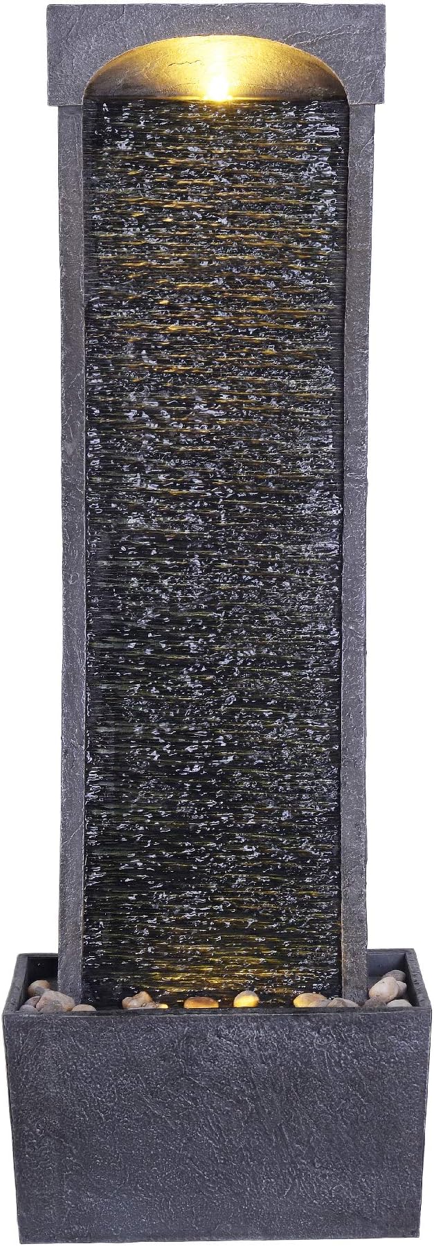 Teamson Home 38.58 in. Modern Curved Faux Slate Waterfall Fountain for Indoors or Outdoors with LED Light Accents and 1.98-Gallon Pump, Black and Stone Gray