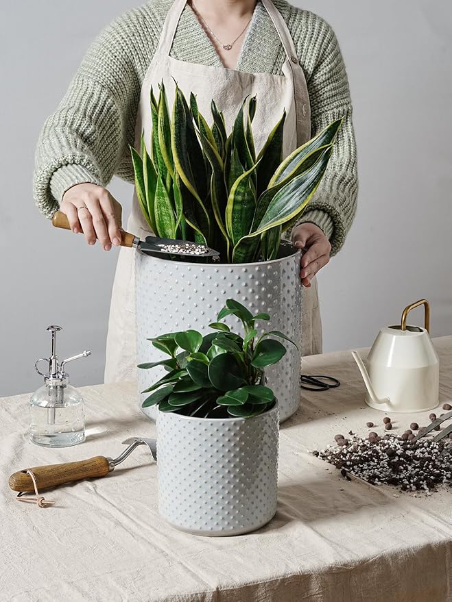 LE TAUCI Ceramic Pots for Plants, 6+8+10 Inch Planters for Indoor Plants, Plant Pots Indoor for Home and Office, Mid-Modern Century Flower Pots with Drainage Hole and Silicone Plug, Glaze Star Gray