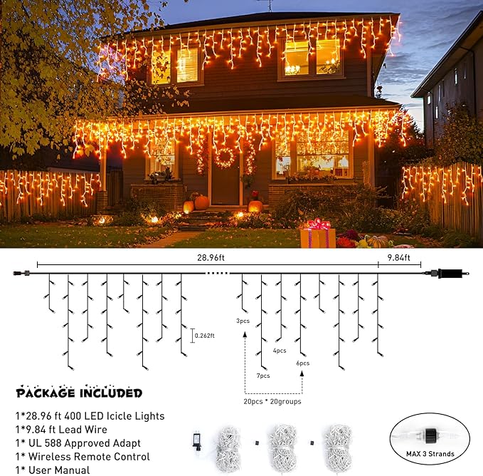 JMEXSUSS Orange Lights for Thanksgiving, 400 LED Orange Icicle Lights Outdoor, 8 Modes Orange Lights with 80 Drops Thanksgiving String Lights Plug in for Fireplace Indoor House Roof Outdoor Holiday
