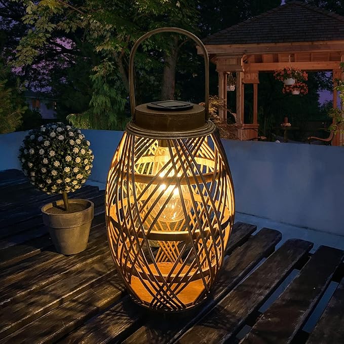 pearlstar Outdoor Solar Lanterns Light Rattan Bamboo Lamp with Handle for Hanging or Table Lamp for Patio Yard Garden Wedding Home Decoration, Edison Bulb, Auto on/Off(Style2)