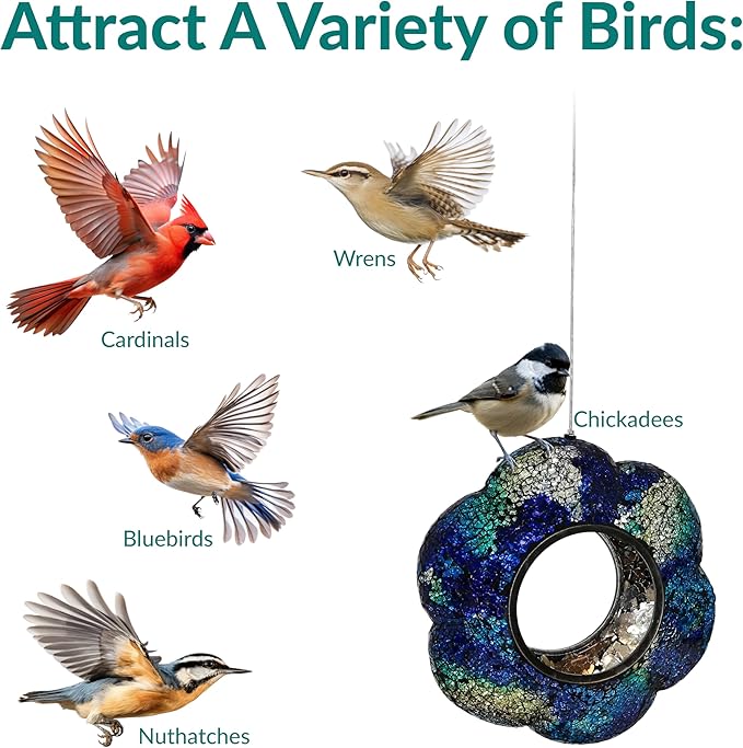 Sunnydaze 10-Inch Glass Mosaic Hanging Bird Feeder for Outdoors - Fly-Through Wild Bird Feeder - Indigo Flower Mosaic
