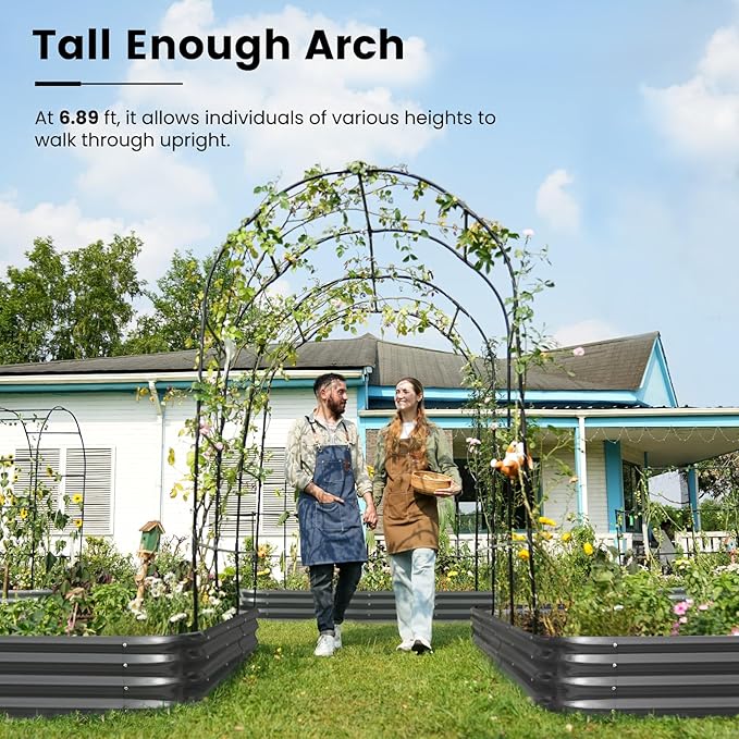 KING BIRD Raised Garden Bed with Arched Trellis Galvanized Planter Garden Box Outdoor for Gardening, Climbing Vegetables, Flowers 7.87x3.94x0.98 Ft 2PCS, Dark Grey