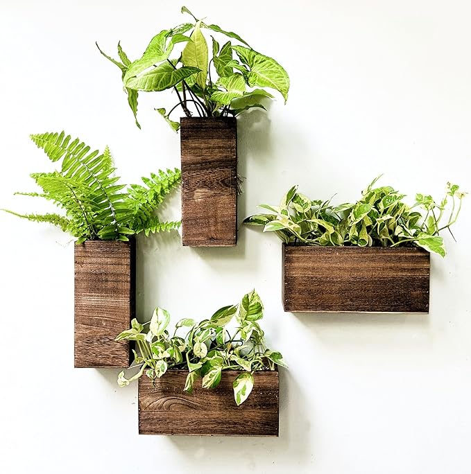 LaLaGreen Wood Planter Box for Plants (4 Pack) Wooden Hanging Wall Planters for Indoor Plant Holder Vase for Dried Flowers, Modern Living Room Bedroom Kitchen Home Office Decor