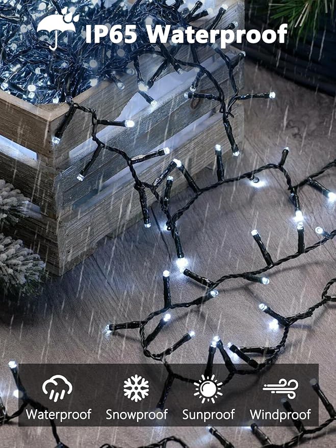 6 Pack 600 LED Solar String Lights for Outside, Solar Christmas Lights Outdoor Waterproof, Green Wire Twinkle Light with 8 Lighting Modes for Xmas Tree Wedding Party Garden Decorations (Cool White)