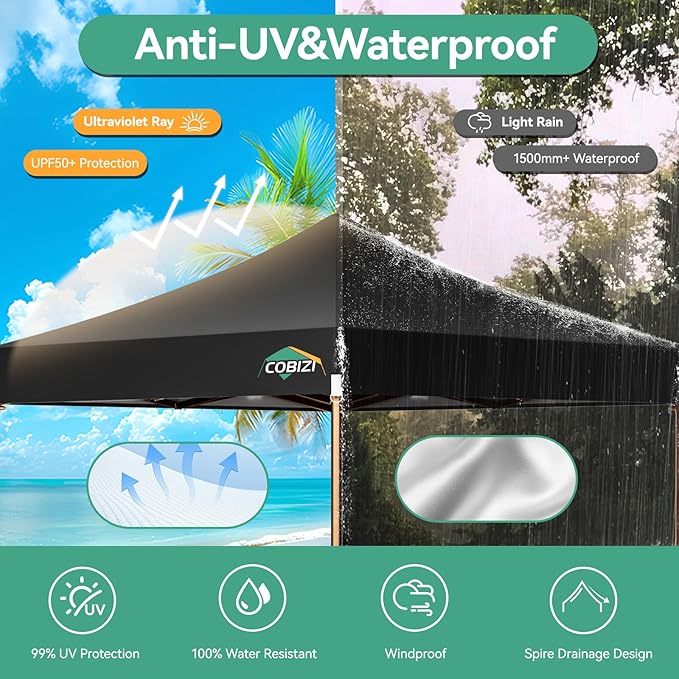 COBIZI 10x15 Pop Up Canopy Tent Heavy Duty Without Sidewall, Commercial Outdoor Easy Pop Up Gazebo for Party Wedding All Weather Waterproof UV 50+ with Roller Bag(Leg Upgraded),Black