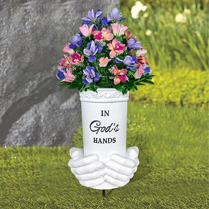 BAYN Grave Decorations for Cemetery, Hand Held Vases with Spikes for Garden Decorations Waterproof Garden Statues Memorial Gifts for Loss of Loved One