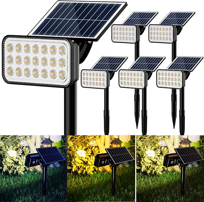 JACKYLED 84 LED Solar Spotlights, Solar Spot Lights w/ 5 Lighting Modes 3 Color, 360 Adjustable Light & Panel, Outdoor Waterproof Super Bright Garden Lights for House Yard Garage Pathway, 6 Pack