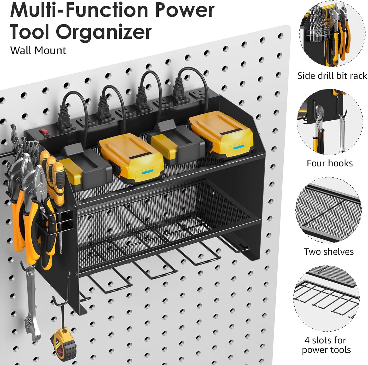 CCCEI Modular Power Tool Organizer Wall Mount with Charging Station. Garage 4 Drill Storage Shelf with Hooks, Screwdriver, Drill Bit Heavy Duty Rack, Tool Battery Holder Built in 8 Outlet Power Strip.