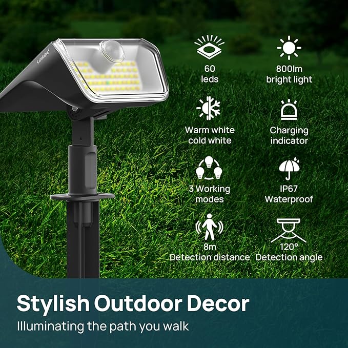 Linkind Solar Lights Outdoor Waterproof IP67, 3000K/6500K Solar Motion Sensor Lights with 6 Modes, 60 LEDs Solar Powered Spot Lights Outside Landscape Lighting for Garden Yard Pathway, 4 Pack
