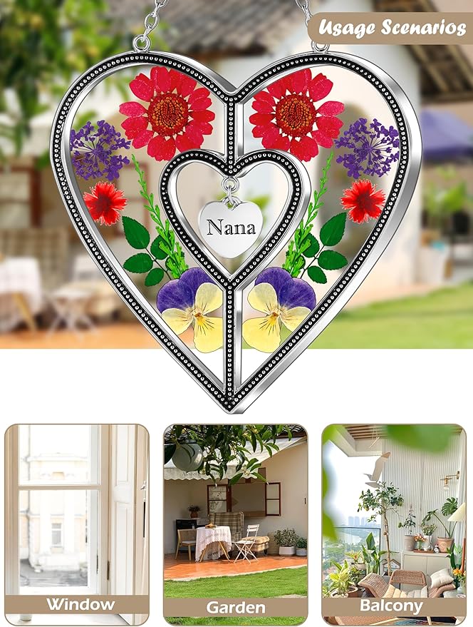 KY&BOSAM Heart Suncatcher Nana Stained Glass Panles Hangings for Windows Ornament Sun Catchers with Pressed Real Flower Heart Embedded in Glass Birthday Gifts for Nana Mother`s Day Home Garden Decor