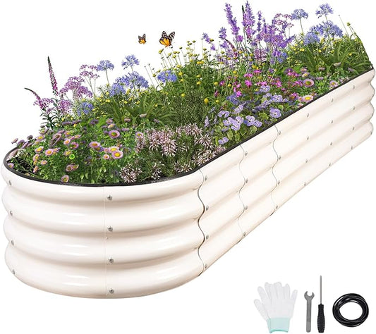 Galvanized Raised Garden Bed - 8x2x1FT Metal Planter Boxes Outdoor | Oval Steel Raised Bed Kit for Gardening with Protective Tape, Bracing Rods, Gloves for Vegetables, Flower, Herb (White)