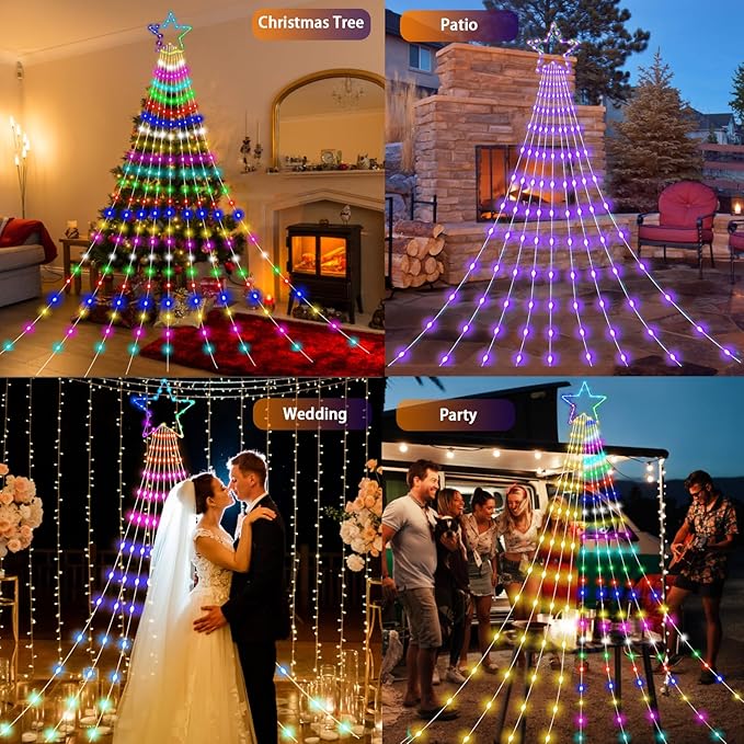 Outdoor Christmas Decorations Lights, 344 LEDs Color Changing Smart Waterfall Christmas Tree Lights with Remote & Sync Music, LED String Lights Outdoor Waterproof for Party Wedding Xmas Decor (12FT)