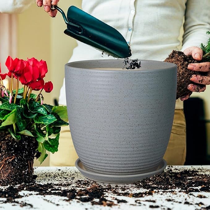 12 Inch Plant Pot, Ceramic Planter Pot with Drainage Hole and Saucer Round Large Flower Pot for Indoor Plants, Light Gray