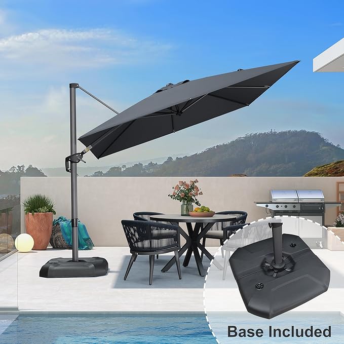 PURPLE LEAF 9 Feet Patio Umbrella with Base Outdoor Cantilever Square Umbrella Aluminum Offset Umbrella with 360-degree Rotation for Garden Deck Pool Patio, Grey