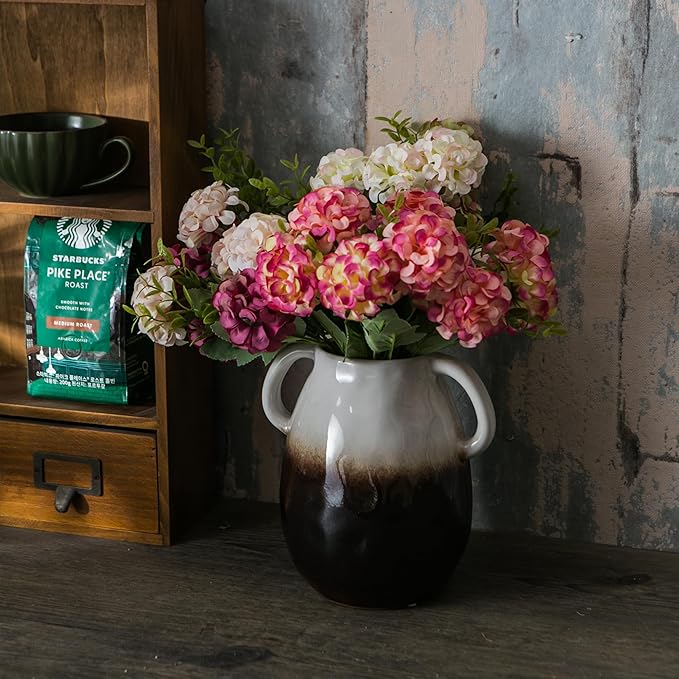 White Gradient Ceramic Vase with 2 Handles, Modern Farmhouse Decor, Rustic Terracotta Pottery, Decorative Flower Vases, Clay Small Vase, Centerpiece for Dining Table - 7 Inch Tall